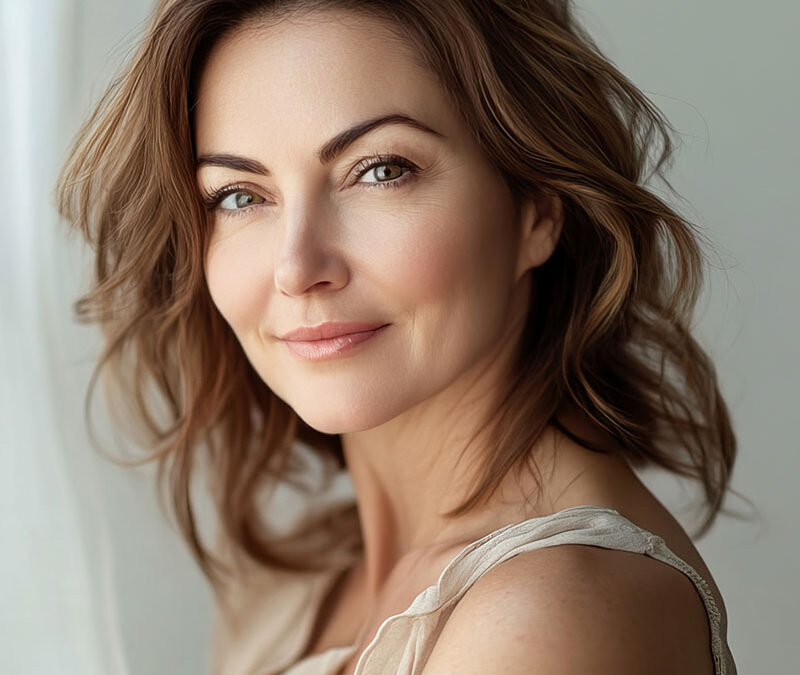 beautiful middle age woman with long brunette wavy hair