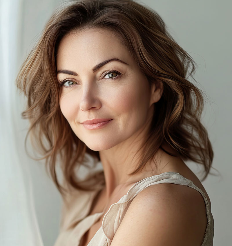 beautiful middle age woman with long brunette wavy hair